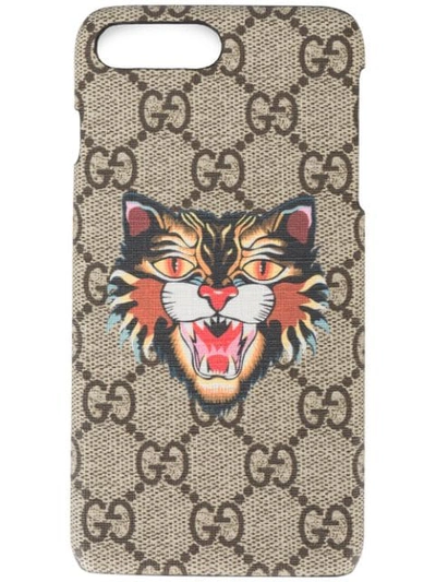Gucci Angry Cat Gg Supreme Iphone 7 Plus Case In Brown