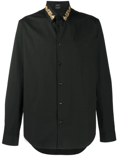 Versace Embroidered Collar Long Sleeve Shirt In Black