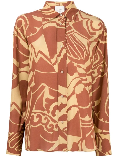 Alysi Abstract-print Buttoned Silk Shirt In Brown
