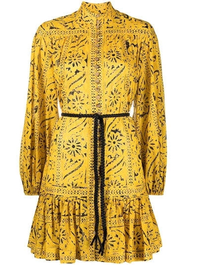 Zimmermann Lulu Belted Ruffled Printed Cotton Mini Dress In Yellow
