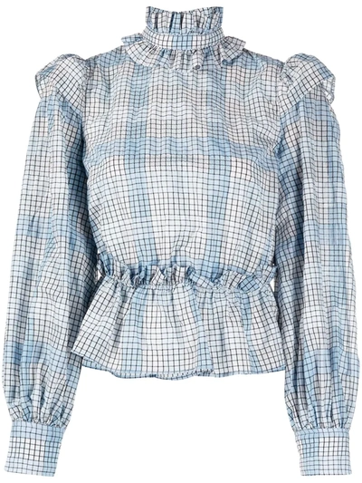 Ganni Ruffle-detail Checked Blouse In Blue