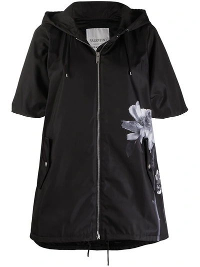 Valentino Floral Print Hooded Parka Coat In Black