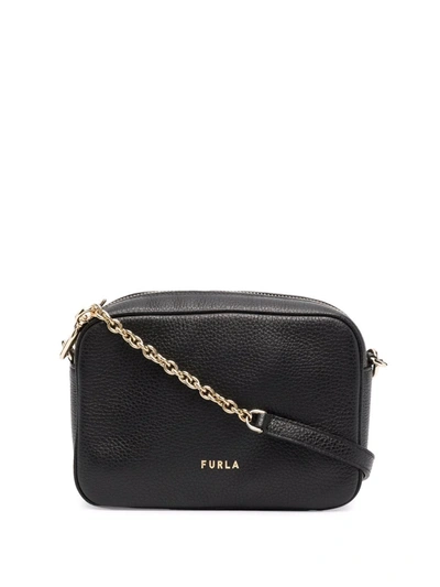 Furla Engraved-logo Chain-detail Crossbody Bag In Nero