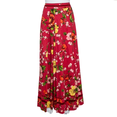 Pre-owned Kenzo Red Cotton Floral Print Pleated Maxi Skirt L
