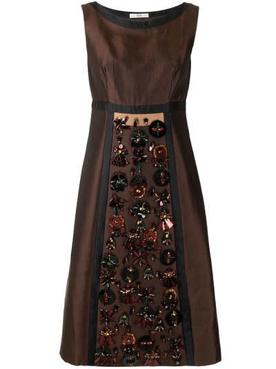 Pre-owned Prada Crystal-embellished A-line Dress In Brown