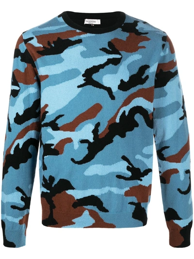 Valentino Intarsia-knit Camouflage Cashmere Jumper In Blue