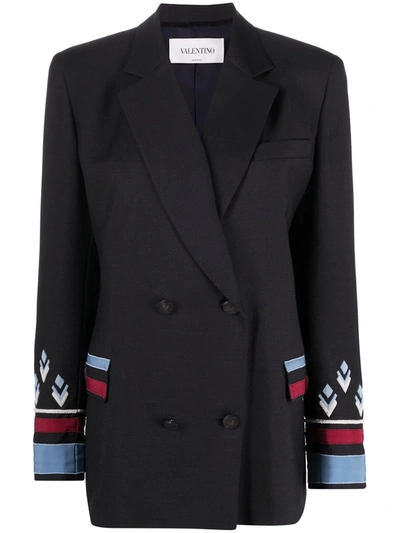 Valentino Embroidered Double-breasted Blazer In Blue