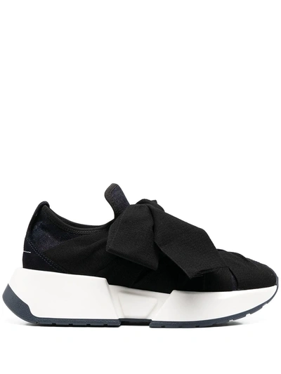Mm6 Maison Margiela Suede-trimmed Bow-detailed Satin Trainers In Blue