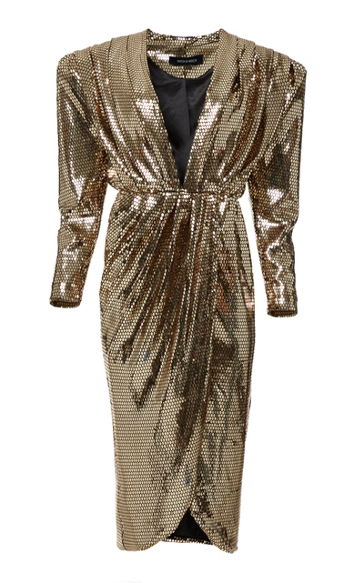 Mach & Mach Golden Glossy V Neck Midi Dress