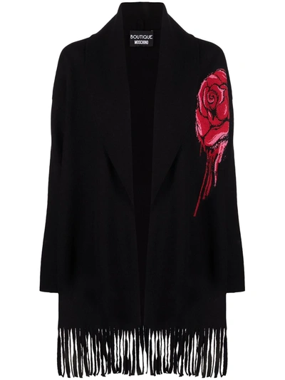 Boutique Moschino Fringed Rose Wool Cardigan In Black