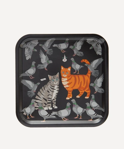 Avenida Home Cat Amongst The Pigeons Square Birch Wood Tray In Multicoloured