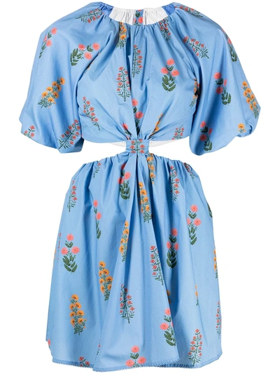 Agua By Agua Bendita Laurel Cutout Floral-print Cotton-poplin Mini Dress In Blue