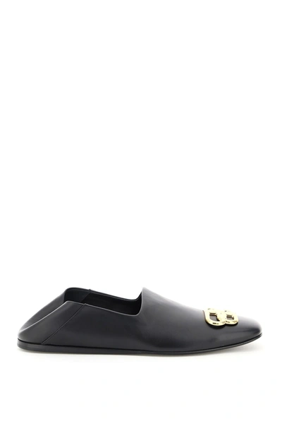 Balenciaga Mules Loafers In Bb Cozy Leather In Black Gold