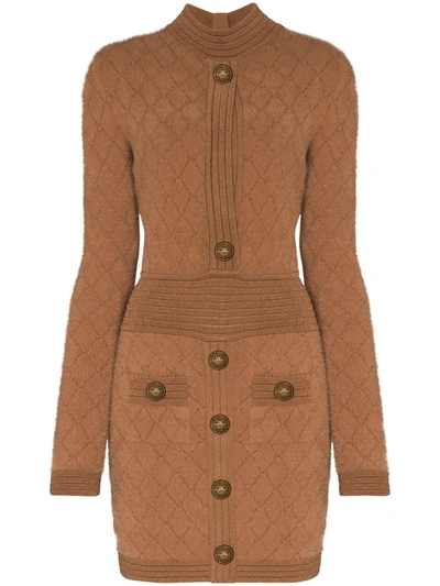 Balmain Embossed-button Waffle-knit Dress In Brown