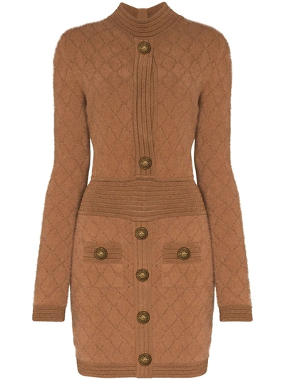 Balmain Embossed-button Waffle-knit Dress In Brown | ModeSens