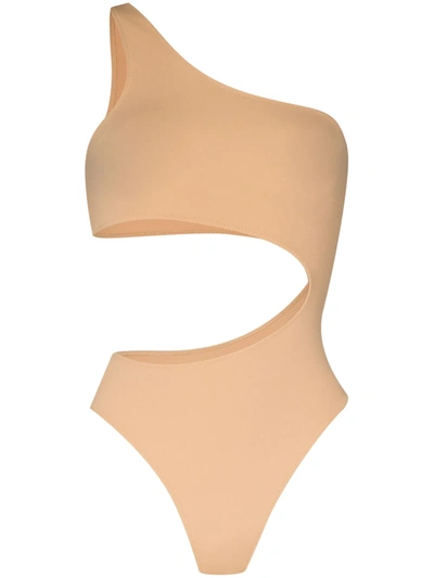 Fantabody One-shoulder Cut-out Bodysuit In Neutrals