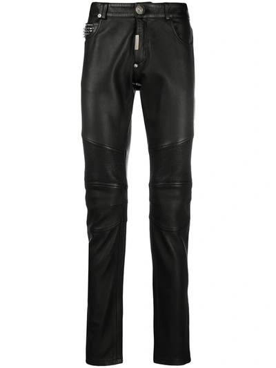 Philipp Plein Leather Slim-fit Trousers In 02 Black