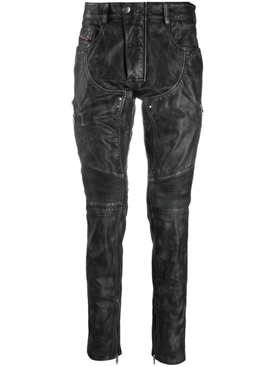 Diesel Treated Leather Trousers In Black