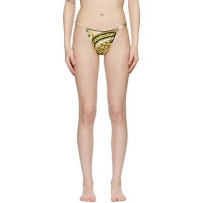 Versace White & Yellow Barocco Thong In Black Gold