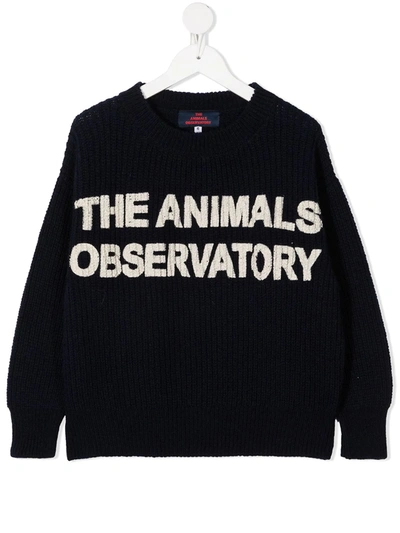 The Animals Observatory Kids' Chunky Knit Logo Jumper In Blue