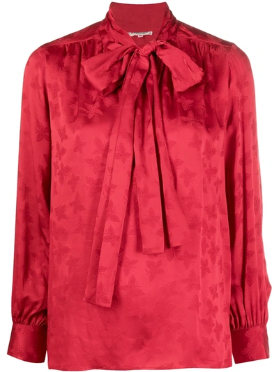 Pre-owned Saint Laurent Floral Pussy Bow Blouse In Red