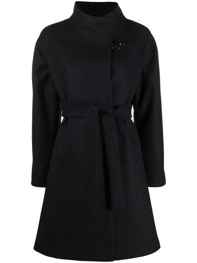 Fay Front Tie Wool Coat In Black