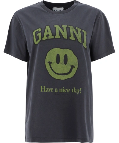 Ganni Smiley Face Print T In Grey