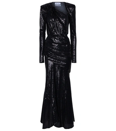 Attico Asymmetric Ruched Sequined Stretch-jersey Maxi Dress In Black