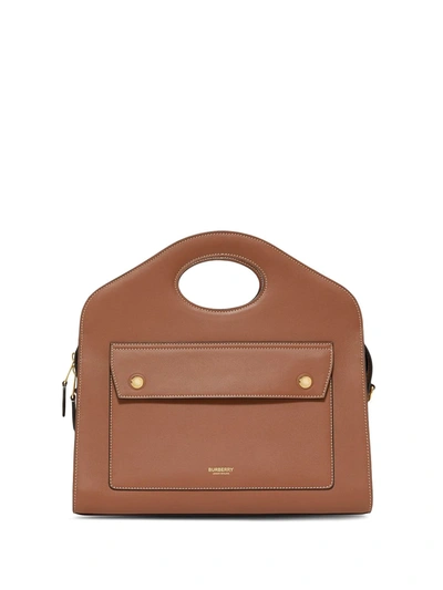 Burberry Small Leather Pocket Tote Bag In Malt Brown