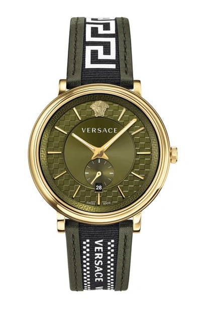 Versace V Circle Greca Leather Strap Watch, 42mm In Green/ Gold