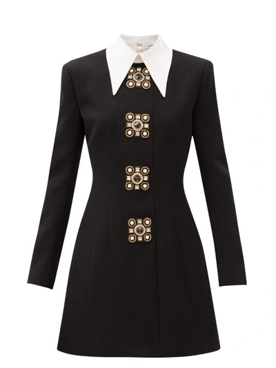 Andrew Gn Oversized-collar Crystal-brooch Wool-blend Dress In Black