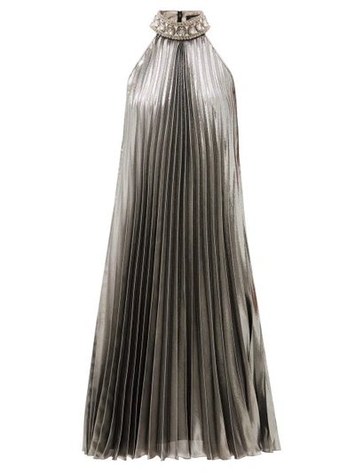 Andrew Gn Crystal-embellished Pleated Silk-blend Lamé Midi Dress In Silver