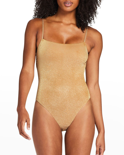 Vitamin A Jenna Bodysuit Full-coverage One-piece Swimsuit In Golden Glow Metallic