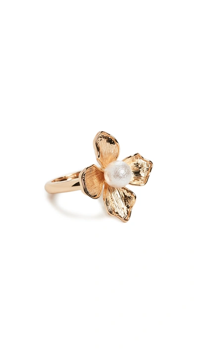 Kenneth Jay Lane Gold Ring With Imitation Pearl Center Flower In Gold/pearl
