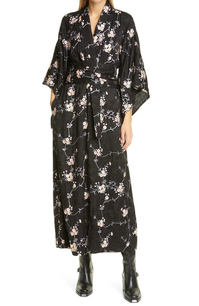 Bytimo Jacquard Embroidered Satin Wrap Dress In 099 - Black