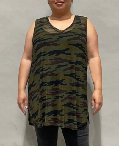 Coin 1804 Women's Plus Size Camouflage Mesh V-neck Tank Top In Green Camo