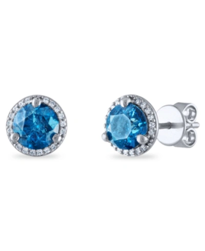 Macy's Blue Diamond And White Diamond Halo Stud Earrings ( 2 Ct. T.w.) In 14k White Gold