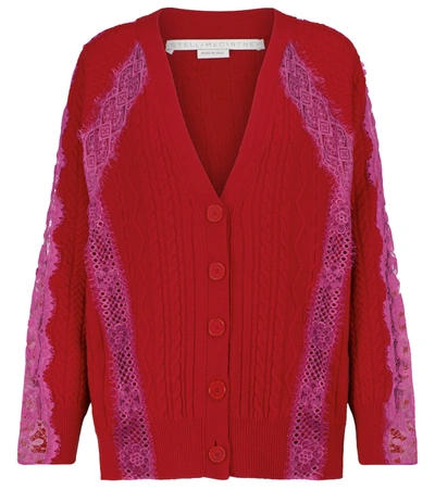 Stella Mccartney Lace-trimmed Cable-knit Wool Cardigan In Red