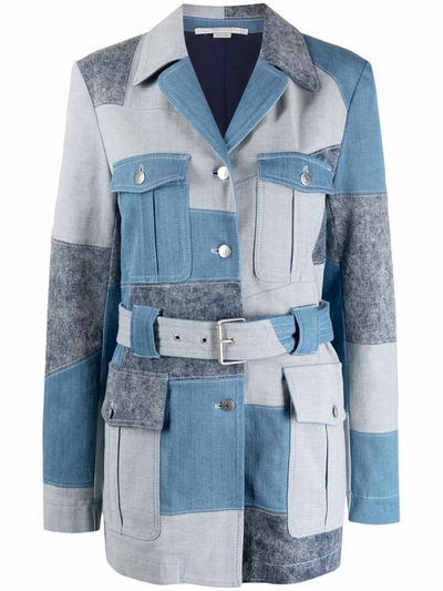 Stella Mccartney + Net Sustain Belted Patchwork Organic Denim Jacket In Blue