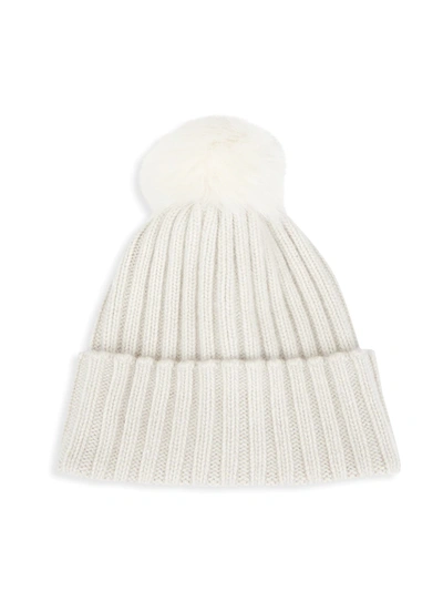 Saks Fifth Avenue Faux Fur Pom-pom Ribbed Cashmere Beanie In Ivory