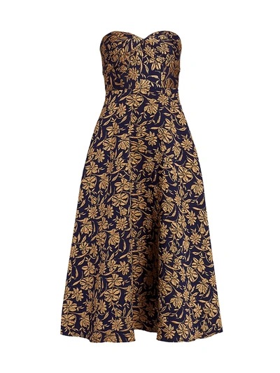 Monique Lhuillier Strapless Floral Jacquard Fit & Flare Midi Dress In Navy Multi