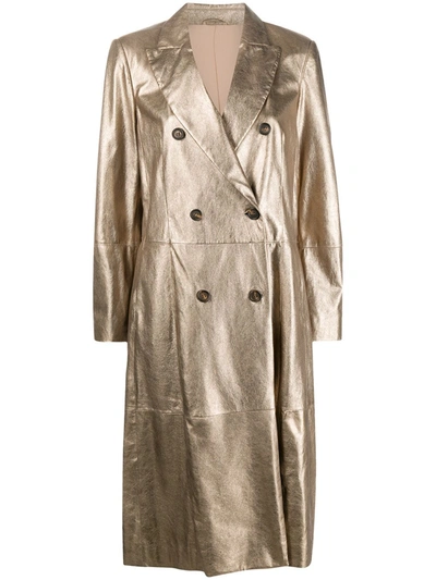 Brunello Cucinelli Metallic Leather Double-breasted Long Jacket In C7875 Gold