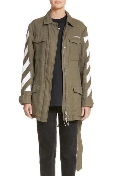 Off-white Diagonal Stripe Field Jacket In Military Green/ White