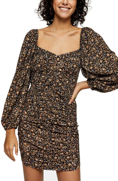 Topshop Floral Print Ruched Long Sleeve Mini Tea Dress In Brown Multi