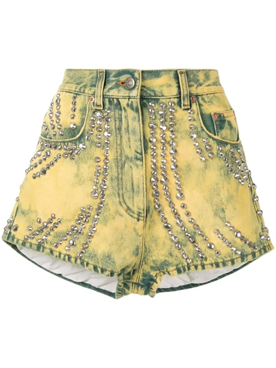 Pre-owned Gucci Tiger Embroidery Studded Denim Shorts In Yellow