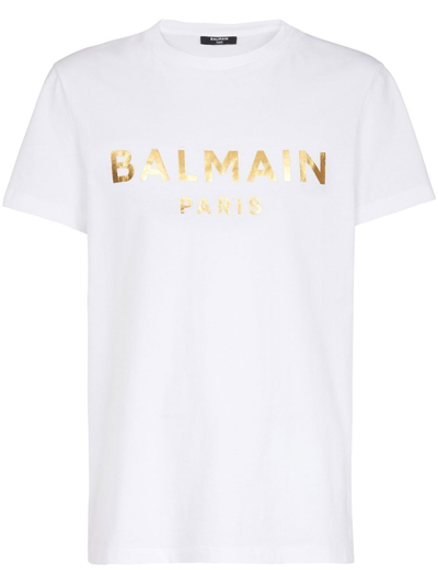 Balmain Cotton T-shirt With Laminated Logo Print In Blanc