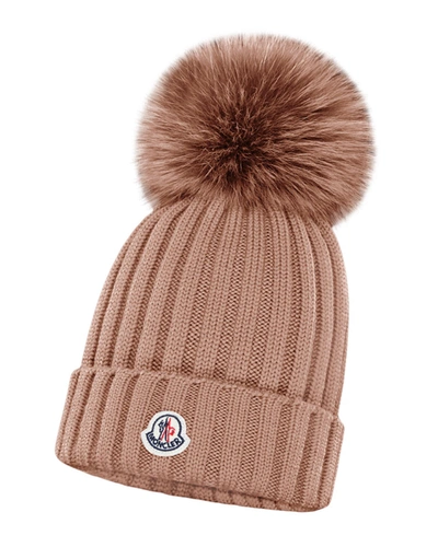 Moncler Rib Virgin Wool Beanie With Genuine Fox Fur Pom In Dark Pink