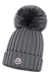 Moncler Rib Virgin Wool Beanie With Genuine Fox Fur Pom In 987 Grey