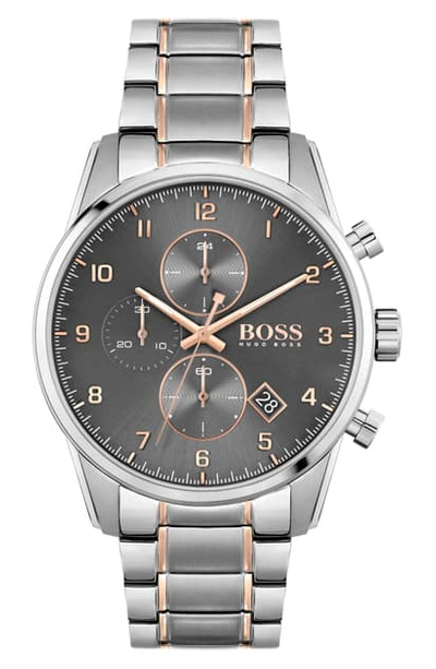 Hugo Boss Skymaster Chronograph Bracelet Watch, 44mm In Silver/ Carnation/ Grey