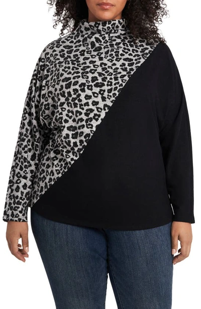 Vince Camuto Animal Colorblock Mock Long Sleeve Top In Silver Heather